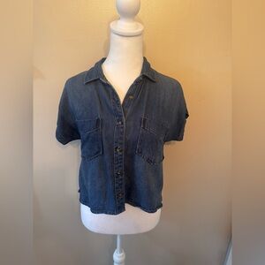 Thread & Supply Cropped Denim Button Down Short Sleeve Top Sz Extra Small XS